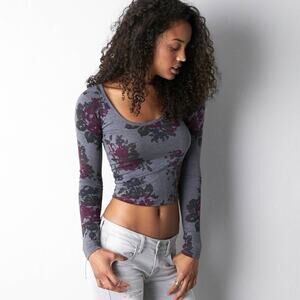 American Eagle Outfitters Gray and Burgundy Floral Long Sleeve Top Size Large